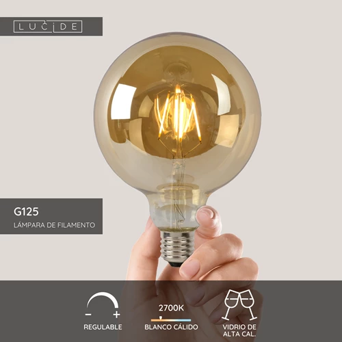 Lucide G125 - Lámpara de filamento - Ø 12,5 cm - LED Regul. - E27 - 1x8W 2700K - Ámbar - USP